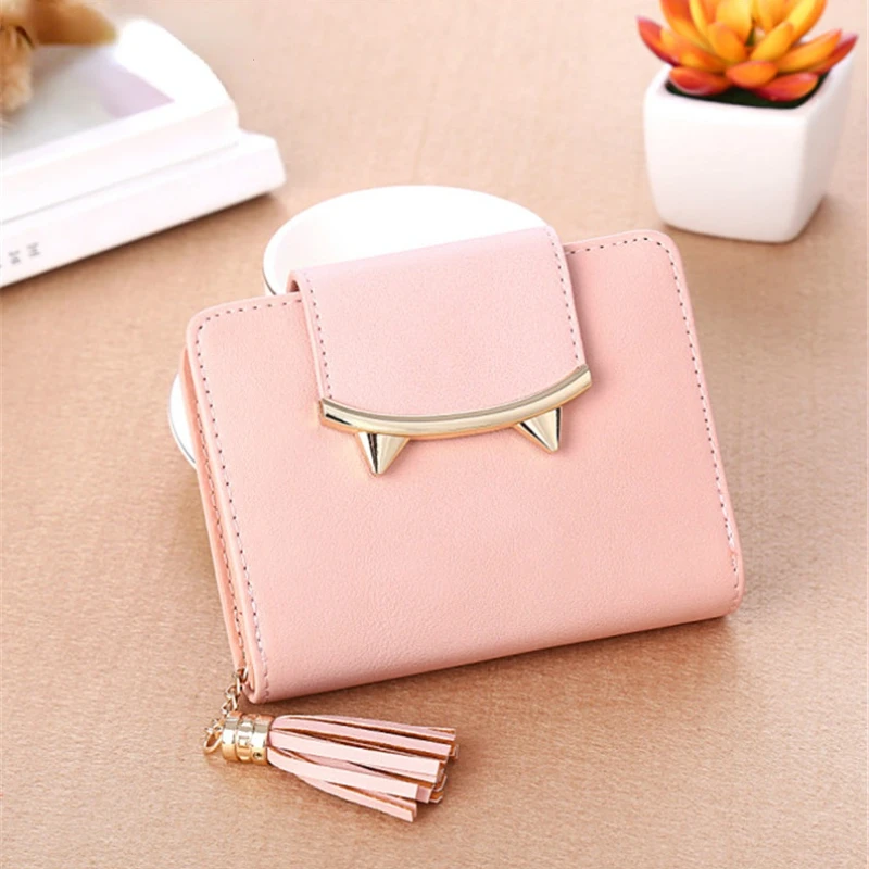 

Корейский симпатичный кожаный короткий кошелек с кошачьими ушками и кисточкой, женский маленький клатч тройного сложения, Женский кошелек ...