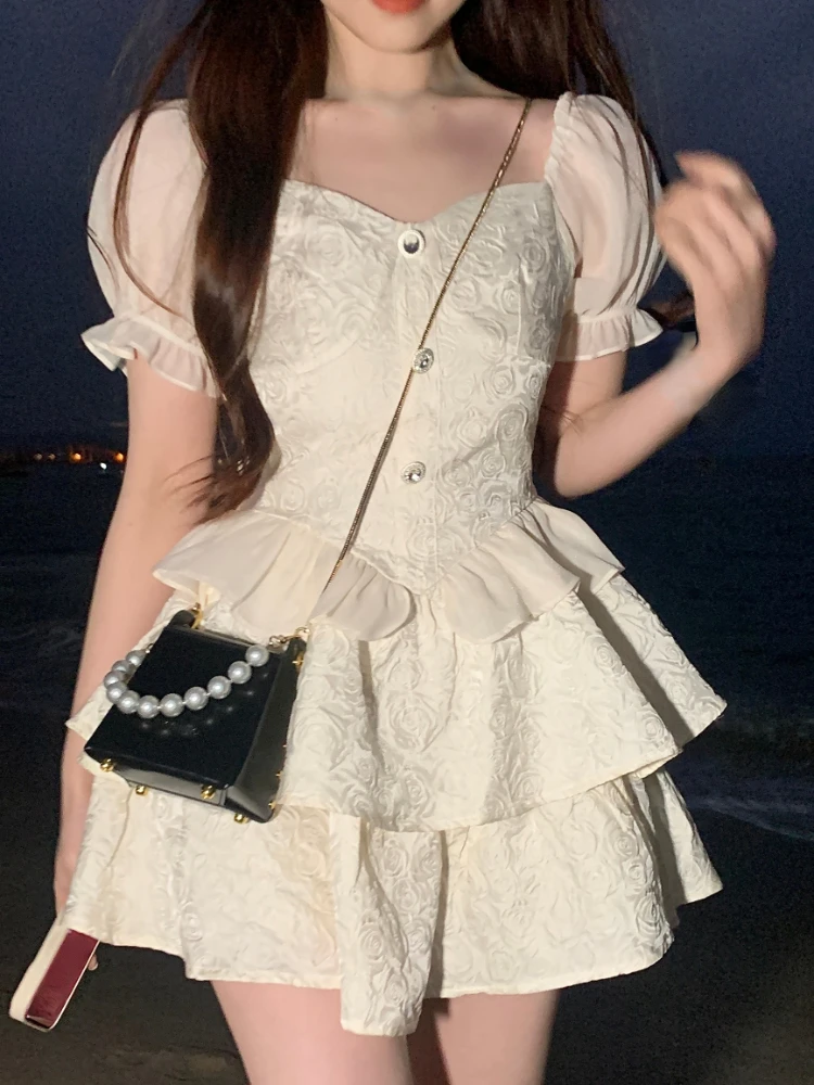 

2023 Suumer Kawaii Clothing Lolita Dress Women Casual Y2k Mini Dress Vintage Elegant Dress Puff Sleeves Party Chic Korean Style