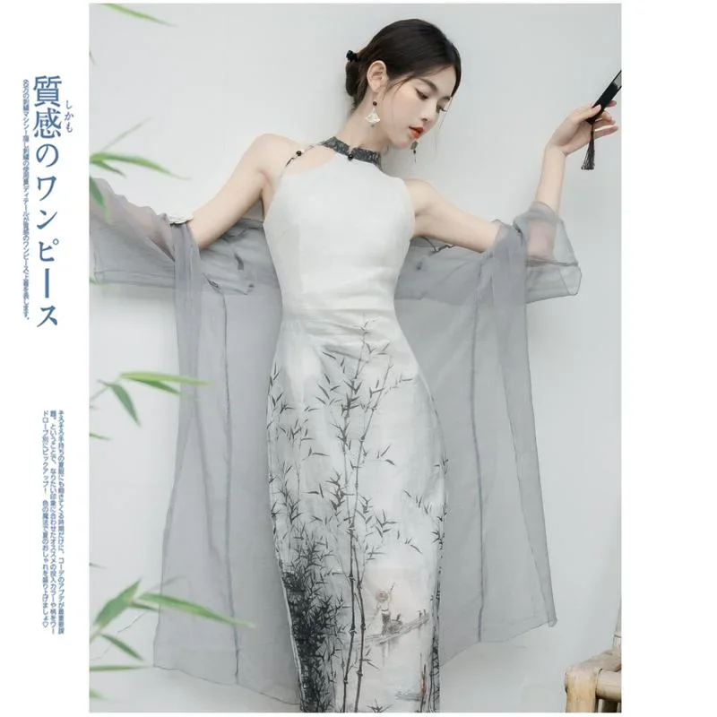 

Chinese Ink Painting Vintage Print Halter Sleeveless Strap Dress Two-Piece Suit