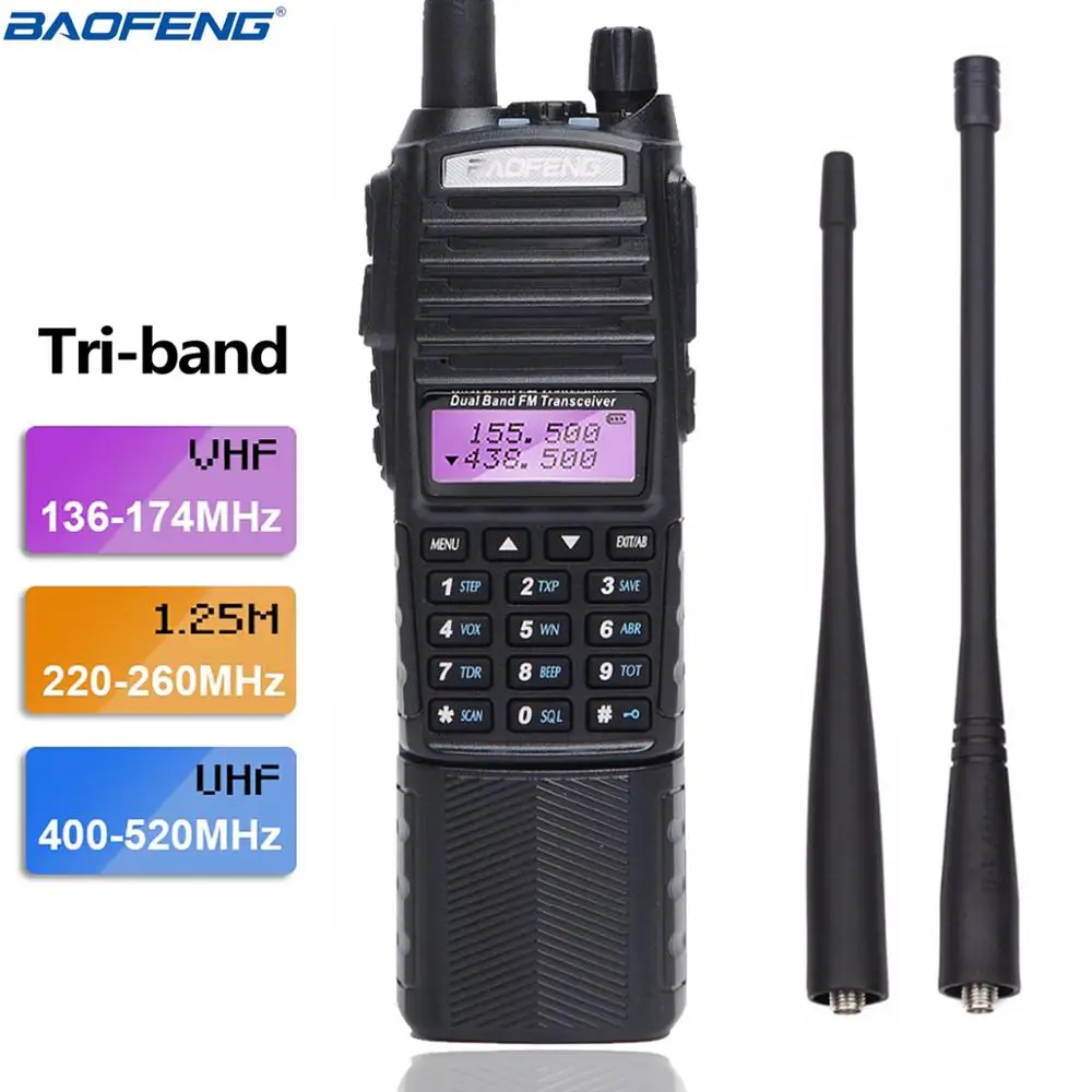 

BaoFeng UV-82T Tri-Band 136-174/220-260/400-520Mhz Extended Battery Dual Antenna 2-PTT Amatuer Ham Portable Radio Walkie Talkie