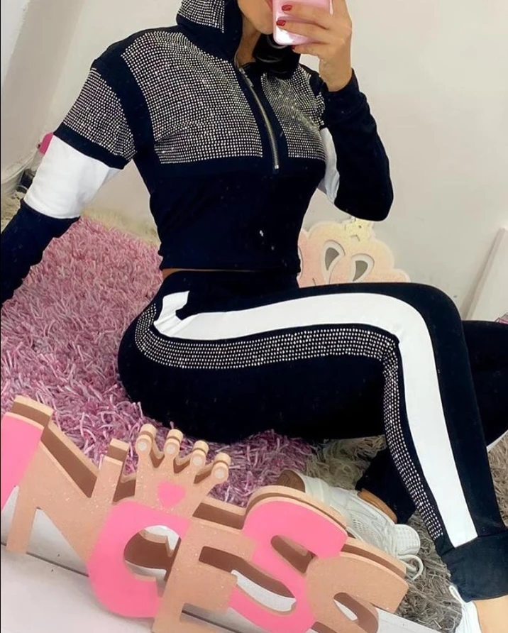 

elegant women's sets Rhinestone Colorblock Hooded Top & Striped Tape Pants Set set of two fashion pieces for women autumn spring