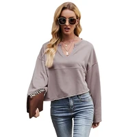 cydnee pure color casual v neck long sleeved sweater fashion autumn personality simple outer wear temperament women sweatshirt