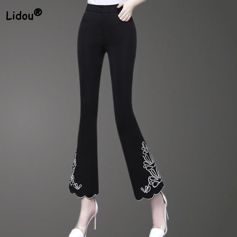 

Fashion Drape Black Versatile Pockets Spring Autumn Mori Girl Style Embroidery Floral Printing Nine Points Micro Flare Pants