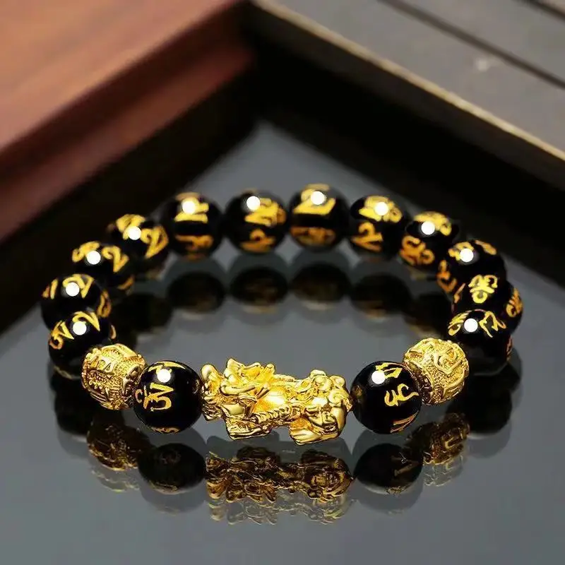 

Браслет фэн-шуй из обсидиана с каменными бусинами для мужчин и женщин, цвет золото, черный, Pixiu, богатство и удача, меняющий браслет