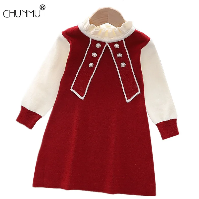

Girls Sweater Dress Winter Children Knitted Clothes Sweet College Style Outfits Beads A-line Toddler Princess Party Dresses
