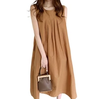 korean chic style pure color sleeveless cotton linen pleated loose dress long skirtshort dresses women 2022