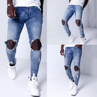 mens pierced jeans blue elastic hip hop youth small foot fashion personality long mens clothing street tight jeans
