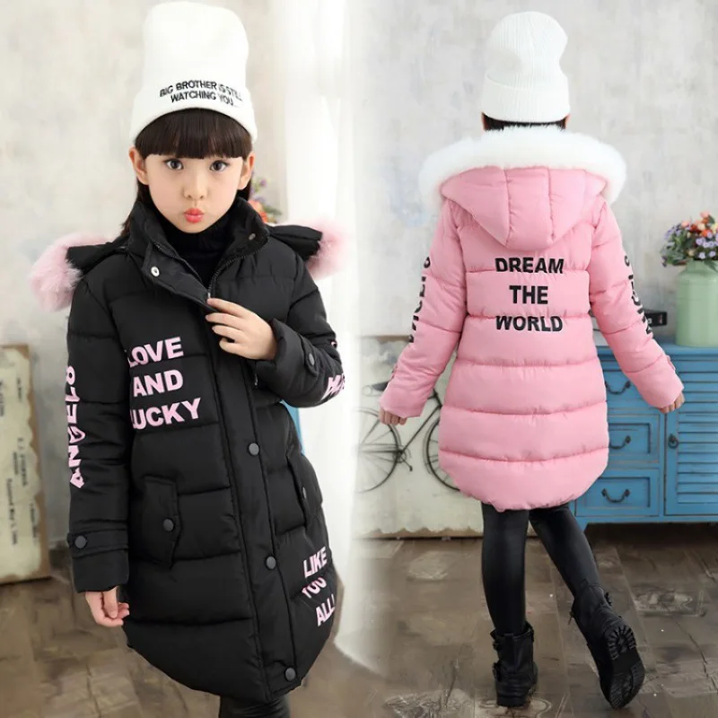 

Girls Coat Winter Thick Warm Baby Fashion Printing Length Padded Outerwear Kids Plus Velvet Hooded Jacket Children's Clothing