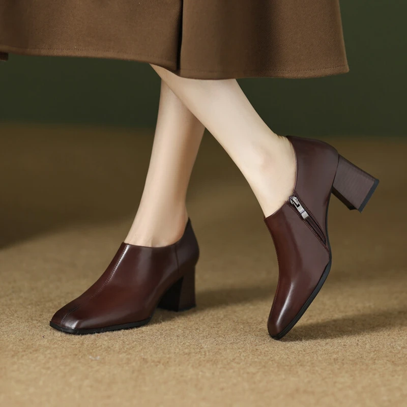 NEW Autumn Women Boots Split Leather Boots Women Square Toe Chunky Heel Modern Boots Black High Heel Ankle Boots botines mujer