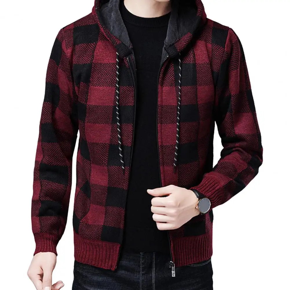 Мужская тонкая куртка в клетку зимний кардиган с капюшоном и клетчатым принтом