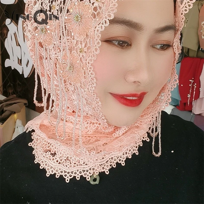 Muslim Women Headscarf Shawl Freeshipping Tassels Lace Summer Malaysia Hollow Scarf Hijab Hat Islam Saudi Arabia Headwrap 2023