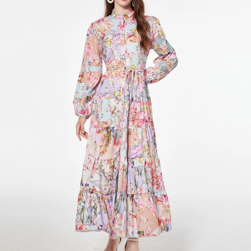 

Женское шифоновое платье с отложным воротником, модельное однобортное свободное платье с длинным рукавом и принтом, праздничная одежда для осени и зимы