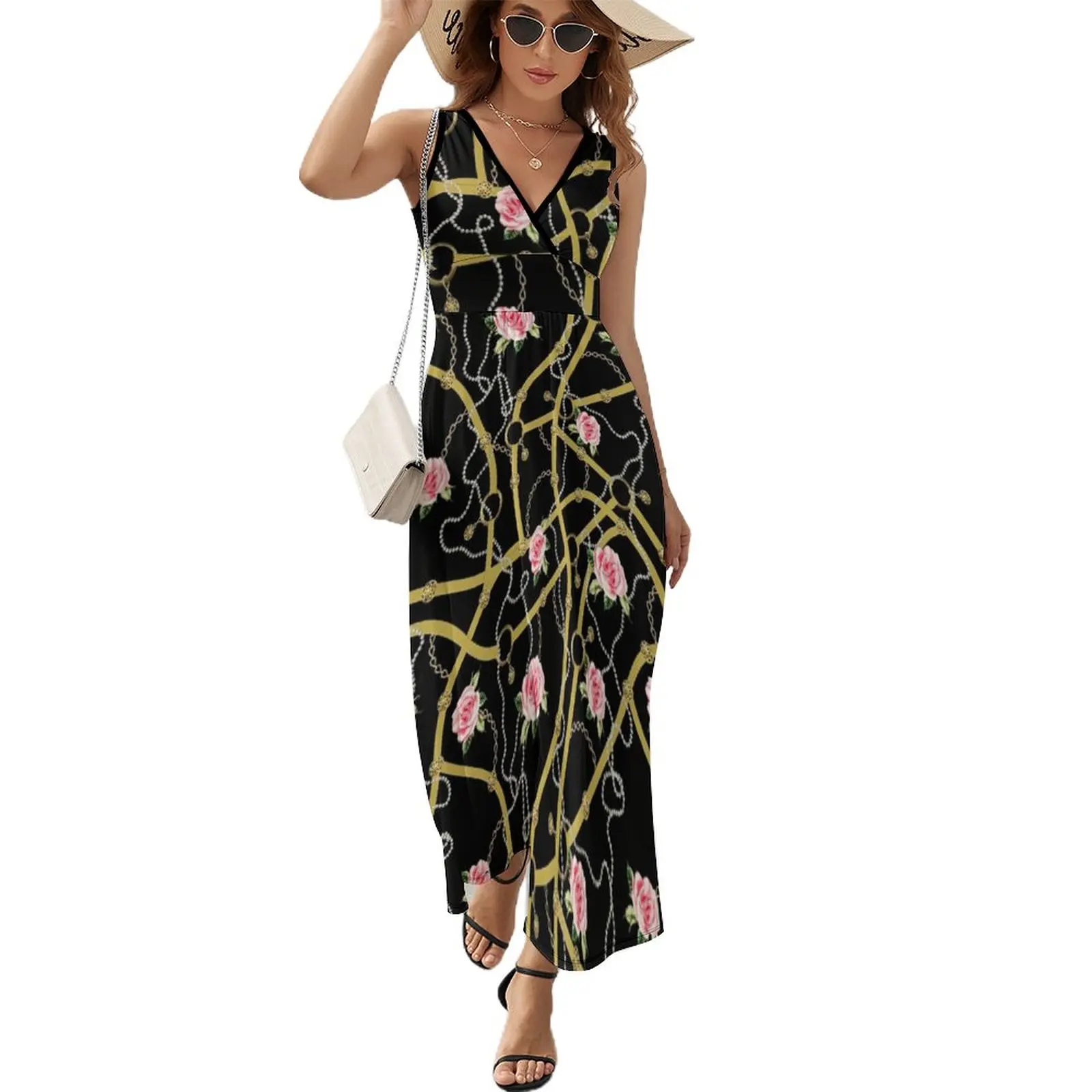 

Golden Chains Dress Pink Roses Print Street Fashion Boho Beach Long Dresses Women Kawaii Maxi Dress Graphic Vestido Gift Idea