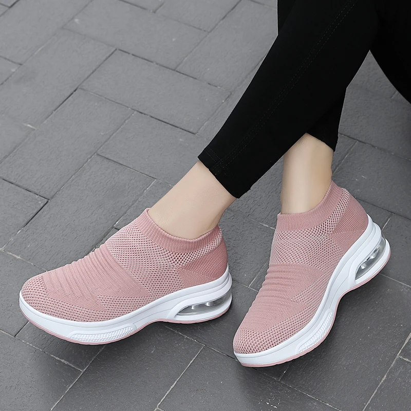 Walking Shoes Ladies Breathable Thick Sole Sneakers Air Cushion Lightweight Outdoor Leisure Fly Knitting Slip-On Maternity Shoes