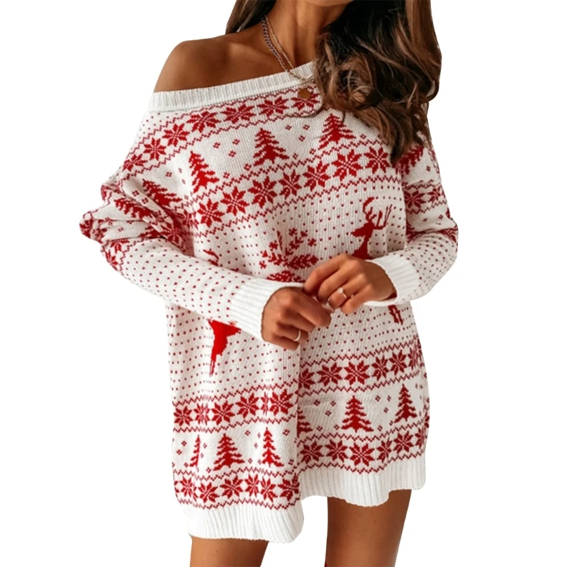 

Women Christmas Snowflake Reindeer Jacquard Sweater Dress Knitted Loose Fit Long Sleeve O-Neck Pullover Tunic Jumper Top