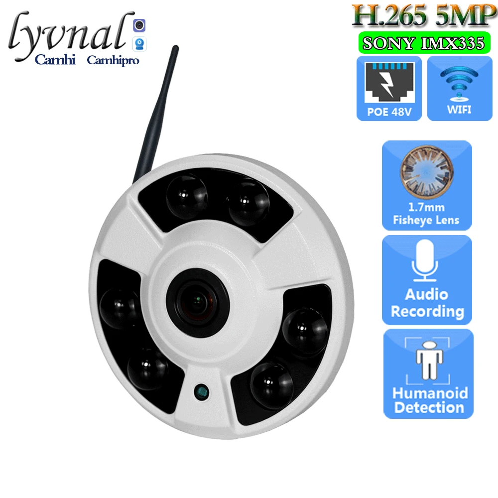 

Sonyimx335 H.265 5MP HD Wifi Camera 1.7mm Fisheye Lens With Audio POE 48V SD TF Card Slot Humanoid Detection IR Night Version