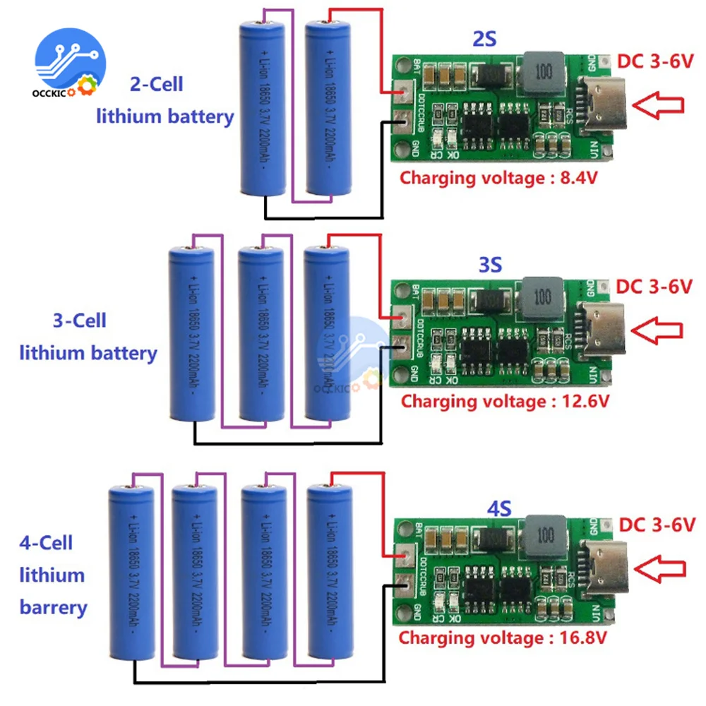 Cargador de batería de litio multicelda 2S 3S 4S tipo C a 8,4 V 12,6 V 16,8 V Boost, polímero LiPo, 7,4 V 11,1 V 14,8 V 18650