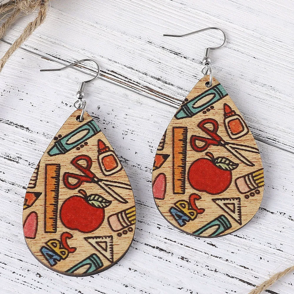 

TEACHER DANGLE EARRINGS Back to School Icons Laser Engraved Earrings Wooden Teacher Pencil Ruler Apple Handpainted Jewelry Acces