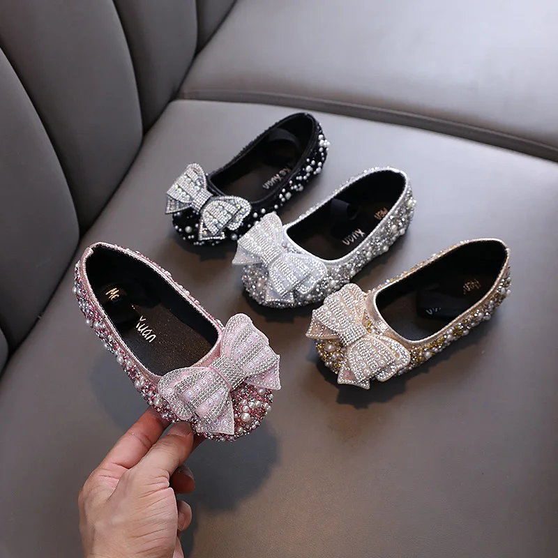 Autumn New Girls Flat Leather Shoes Baby Kids Party Children Glitter Butterfly Wedding J315