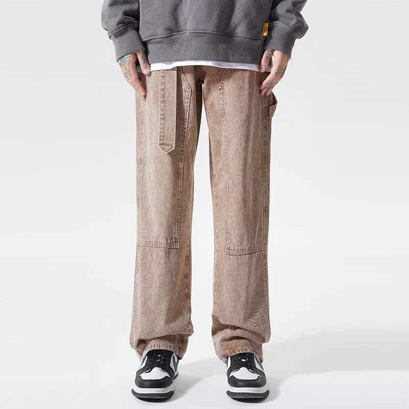 Four Seasons European and American Retro Jeans Men's Street Green Washed Distressed Loose Design Straight Leg Pants Ins Hot Sale