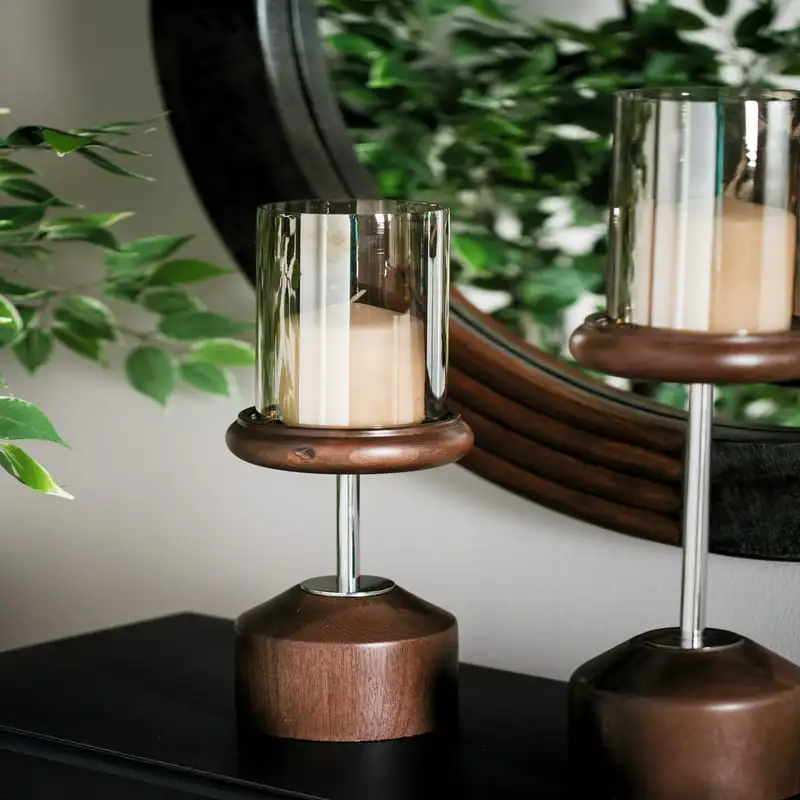 17 x 5 inch wood, stainless steel and glass candle holder