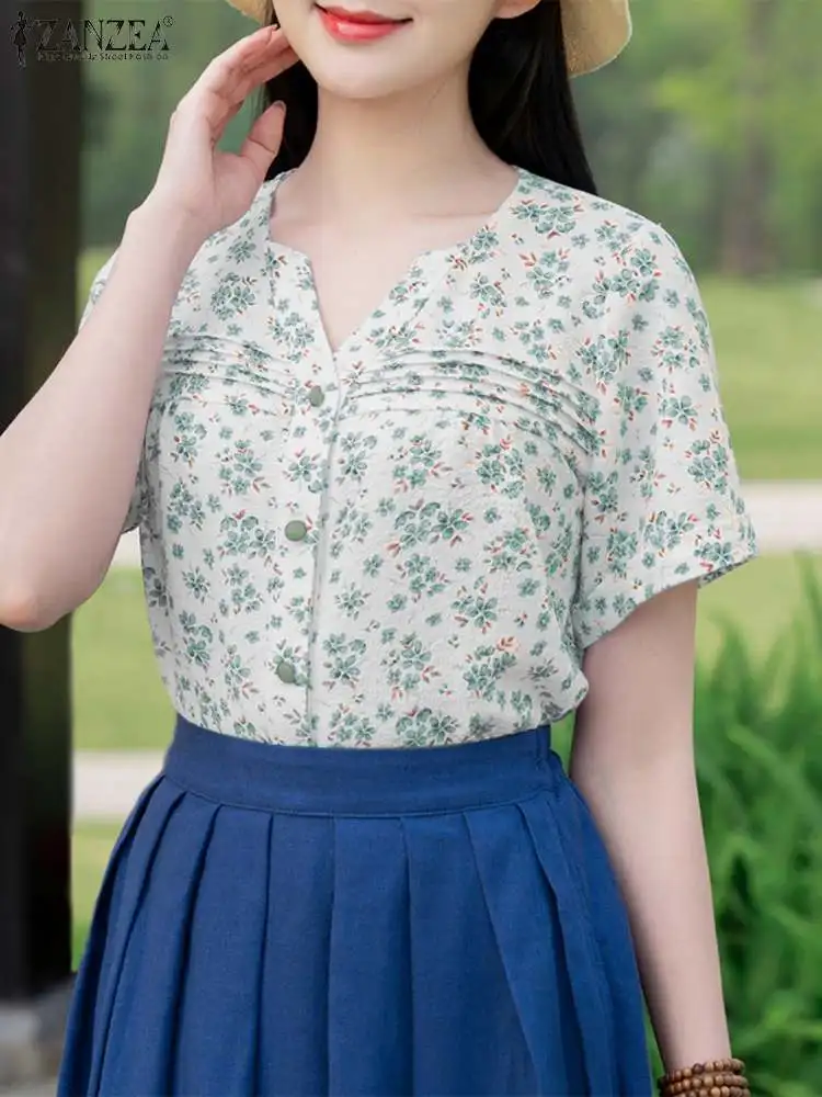 Летние топы ZANZEA женские рубашки с цветочным принтом богемные блузки 2024 винтажная