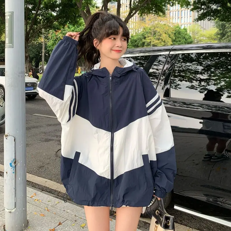 

Oversize Jackets Women 2023 BF Style Chic Harajuku Sun-proof Korean Windbreaker Patchwork Coats Zipper Streetwear Spring Outwear