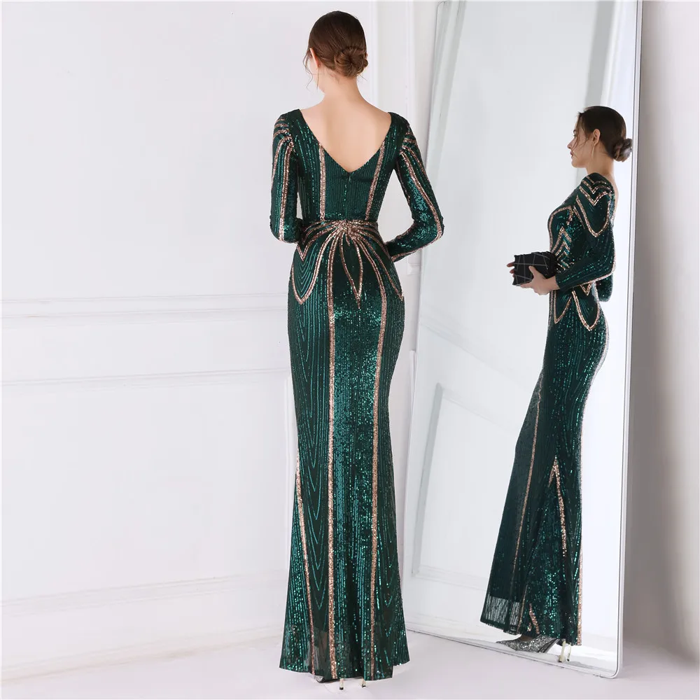Buy Prom Dresses V-Neck Floor-Length Woman Party Night Mermaid Sequin Dress on