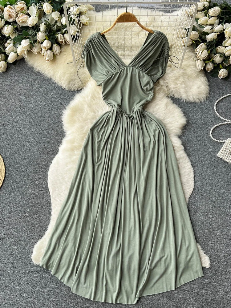 

Женское шифоновое платье Aibeautyer, повседневное однотонное облегающее ТРАПЕЦИЕВИДНОЕ ПЛАТЬЕ до середины икры с v-образным вырезом и высокой т...