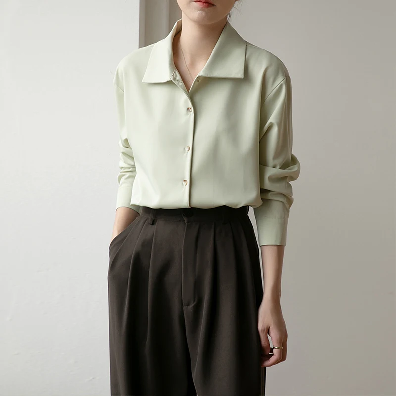 Женская однобортная рубашка свободная однотонная офисная во французском стиле с