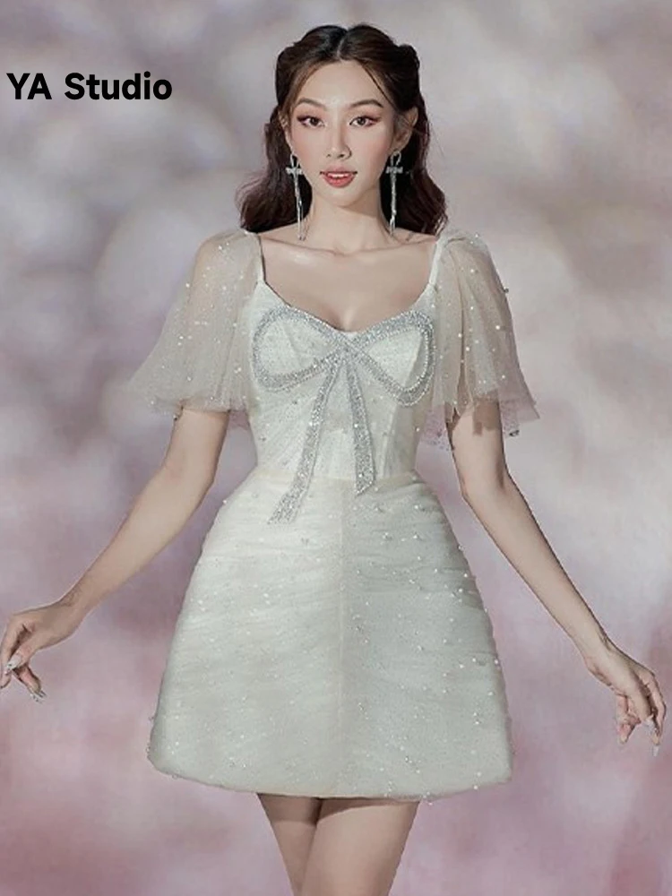 

[YA Studio] Light Luxury Sweet Bowknot Mesh Dress Designer Sleeves With Diamonds Pearl Short 2023 Summer Fashion