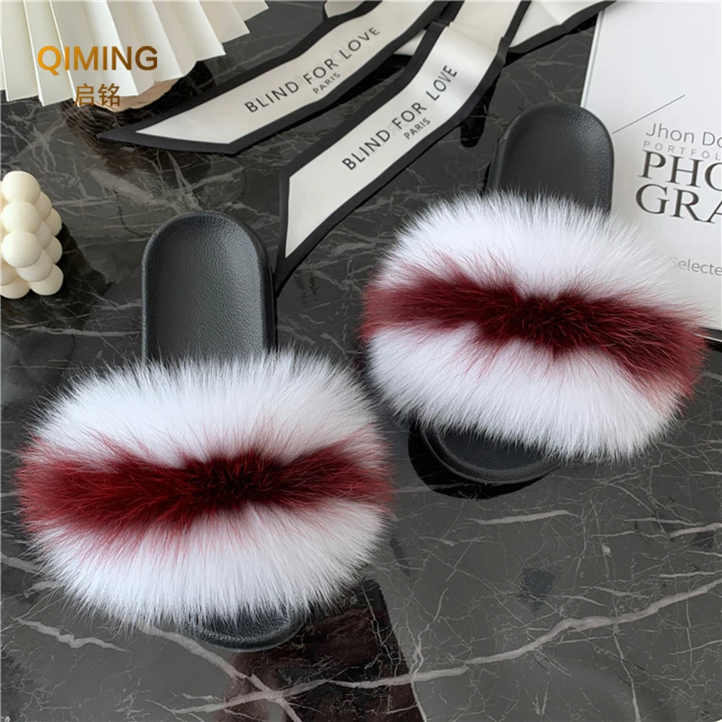 Summer Real Fur Slippers Women Fur Slides Woman Flip Flops Sandals Ladies Cute Fuzzy Fluffy Plush Fox Furry Slippers House Shoes