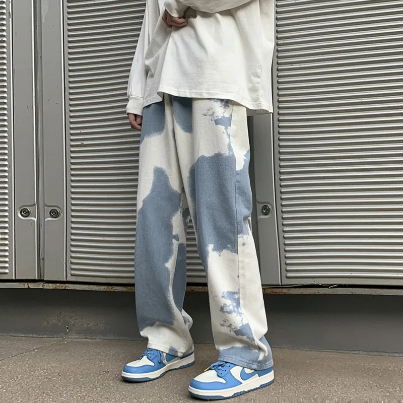Blue Black Tie-dye Jeans Men Fashion Cotton Casual Baggy Jeans Men Streetwear Loose Hip-hop Wide-leg Jeans Mens Denim Pants