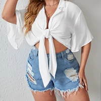 plus size women solid skirt shorts woman white top female half sleeve knot crop top summer ladies tie up casual top