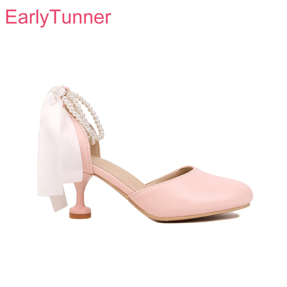 

2022 Summer Sweet Pink White Women Sandals Fashion Bowtie High Thin Heel Office Lady Shoes Plus Small Big Size 11 30 43 45 47
