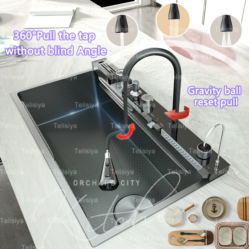 Кухонная раковина из нержавеющей стали с водопадом и держателем для ножей
