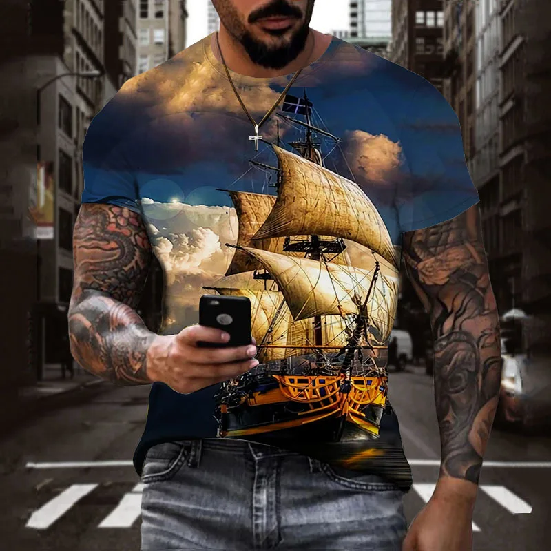 

Vintage Men Ancient Ships T-shirts 3D Printed Pirate Ship O Neck Short Sleeve T Shirt For Men Oversized Tops Summer Tee Shirt