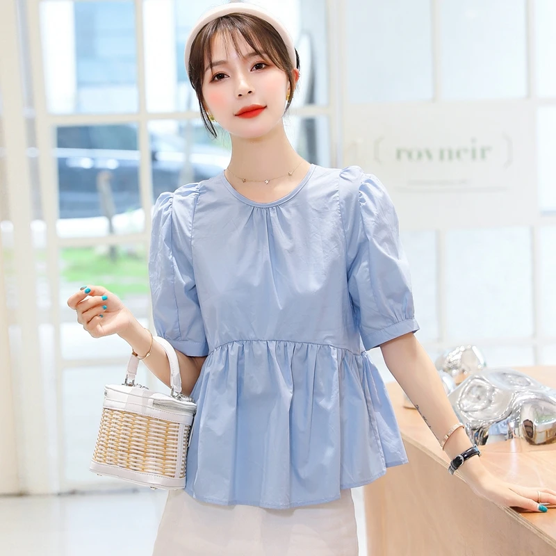 

Korean Fashion Puff Short Sleeve Blouse Women Vintage Sweet Women's Fluffy Tops White Loose Shirt Summer Clothes Blue Blouses