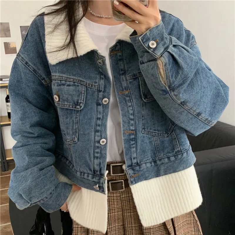 

2022 Autumn and Winter New Coat Blue Vintage Splice Plush Thickened Fashionable Denim Jacket Free Shipping