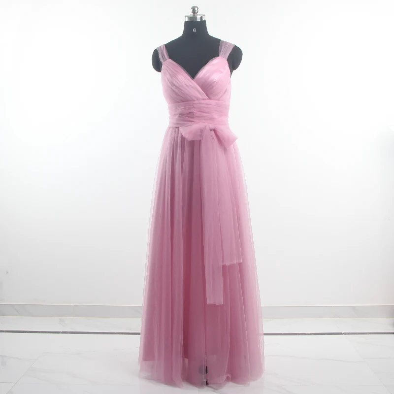

Evening Dress Women Real Pictures Pleat Classic V-neck Sleeveless Tulle A-line Floor length Simple Party Dress Plus size C532