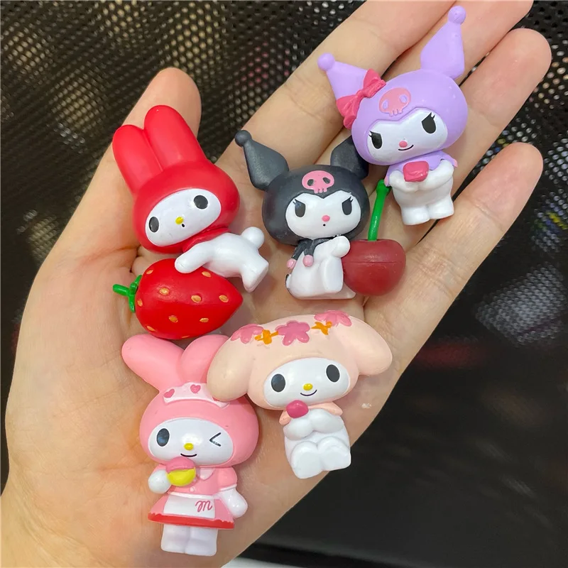 

Fruit Series My Melody Kuromi Anime Figures A Set of 5 Cute Doll Japanese Pink Bows Pvc Materials Diy Accessories Gifts Toys