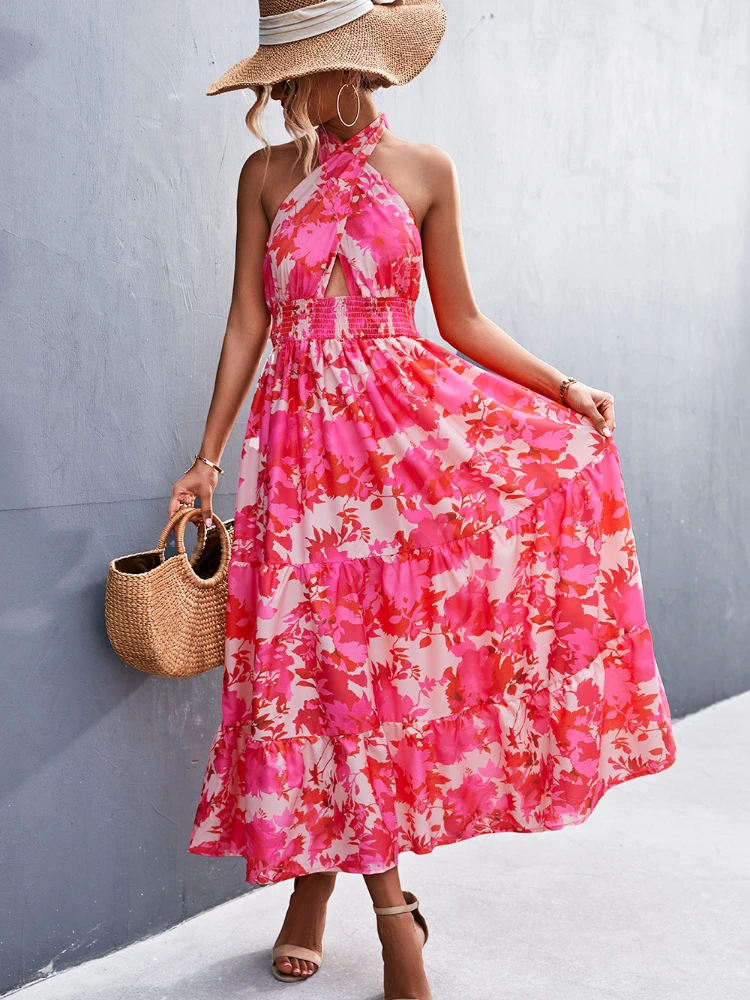 

Женское платье с открытой спиной, винтажное платье в стиле бохо с цветочным принтом и лямкой на шее, сексуальное платье для пляжа и вечерино...