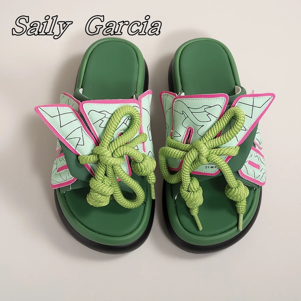 Шлепанцы женские из натуральной кожи на толстой подошве шнуровка круглый носок