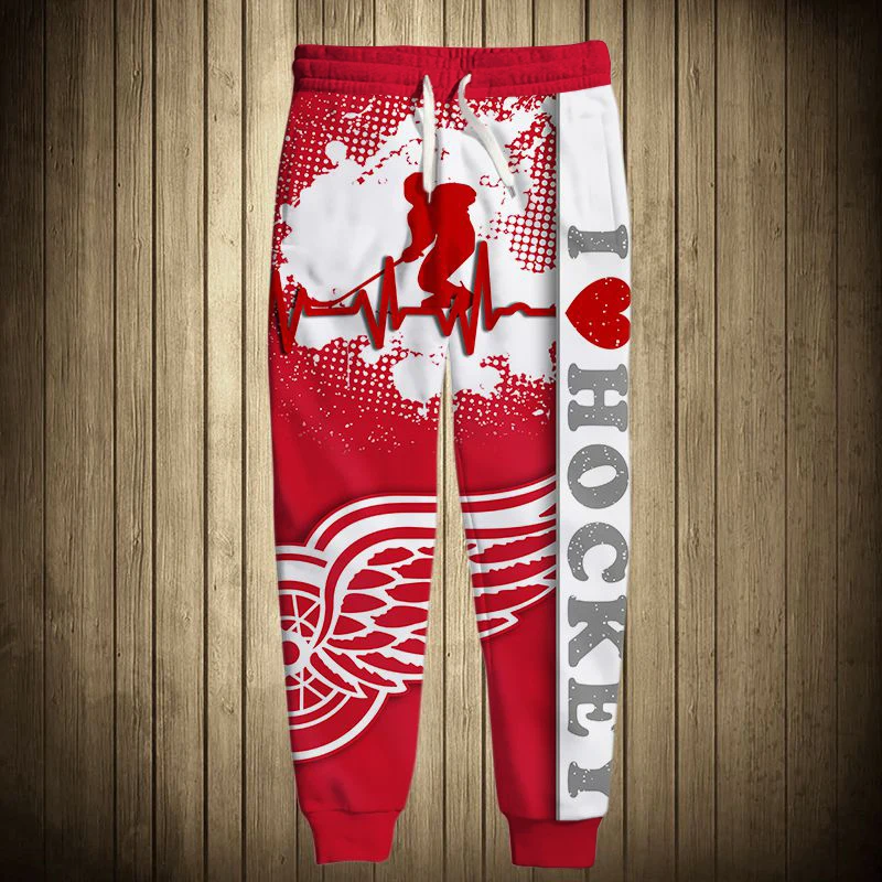

Detroit men's Casual Pants Red And White Stitching Beating Figure Print Red Wings Sweatpants