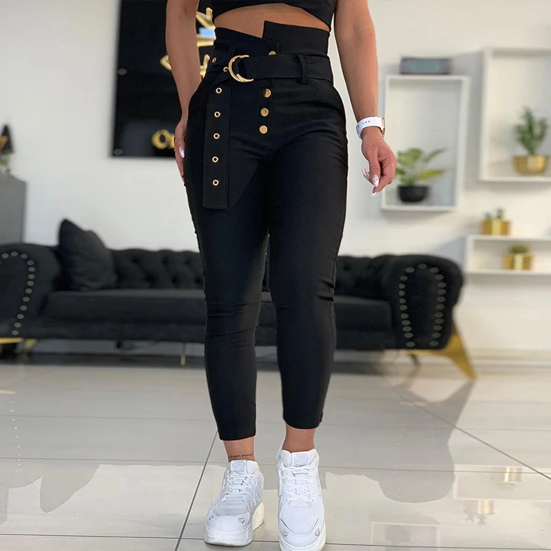 

Casual 2022 OL Style Fashion High Waist Pencil Pants Women Chic Tie-up Button Trousers Harajuku Fashion Lady Slim Fit Sweatpant