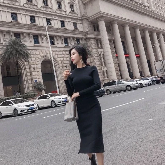 

Black Knit Lady Girl Women Dress O-Neck Long Sleeve Tight Sheath Sweater Dresses Princess OL Spring Cloth Split Falda Vestido