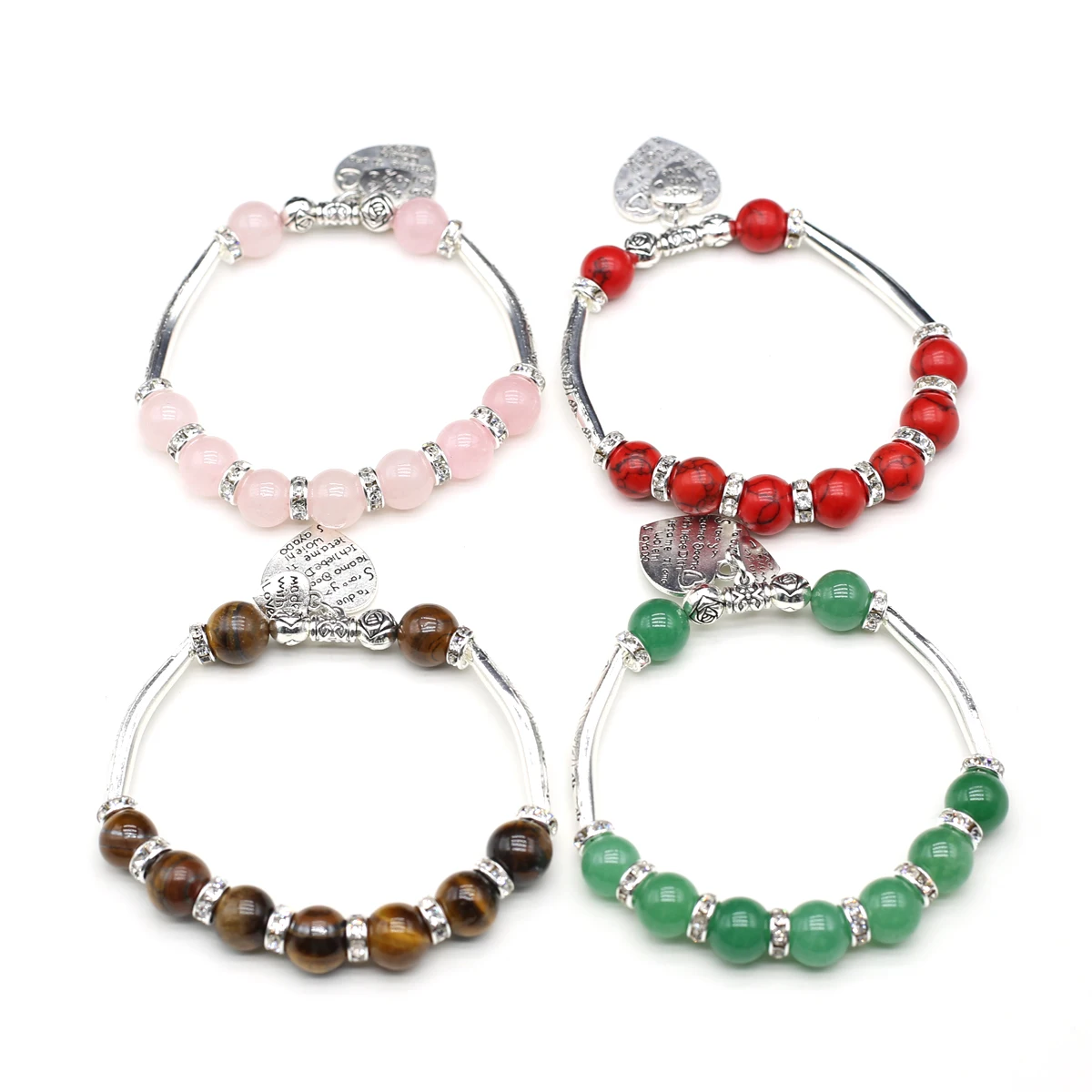 

Natural Stones 10mm Beads Bracelet Rose Quartz Pink Crystal Amethyst Green Aventurine Tiger Eye Bangle for Women Girl Jewelry
