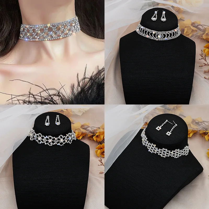 

2022 New Ladies Jewelry Set Earrings Necklace Set with Diamonds Full of Diamonds Flower Shiny Neck Chain Neck Accessories
