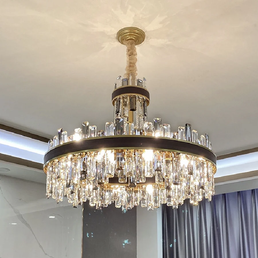 

Living Room Modern E14 Led Lighting Luxury Lustre K9 Crystal Pendant Lights Gold Metal Hanging Lamp Leather Led Lamp Fixture