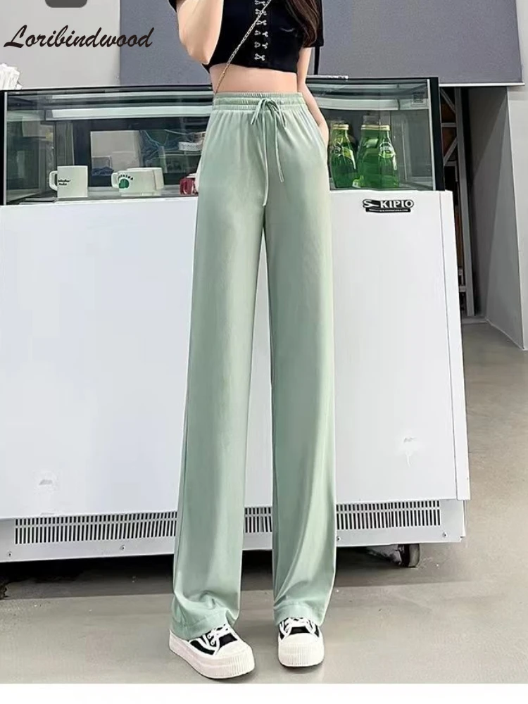 

Green Ice Silk Wide-Leg Pants Women's Summer Thin 2022 New High Waist Drooping Loose Mop Straight Pants